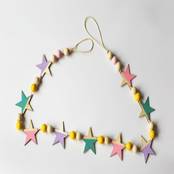 Wooden Stars Banner Curtains Children Room Children Clothing Store Wall Decoration (Purple Green Powder) - Image 2