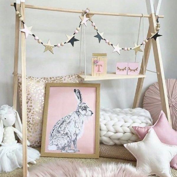 Wooden Stars Banner Curtains Children Room Children Clothing Store Wall Decoration (Purple Green Powder) - Image 4