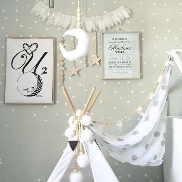 Moon and Hair Ball Wooden Beaded Ornaments Children's Room Game Tent with Decoration (Pink) - Image 3