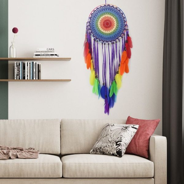 Creative Lace Hand-woven Crafts Seven-color Feather Dream Catcher Home Car Wall Hanging Decoration - Image 4