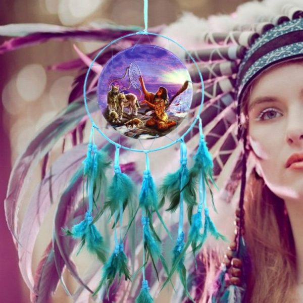 2 PCS Creative Lace Hand-woven Crafts Lake Blue Single Ring Dream Catcher Home Car Wall Hanging Decoration - Image 2