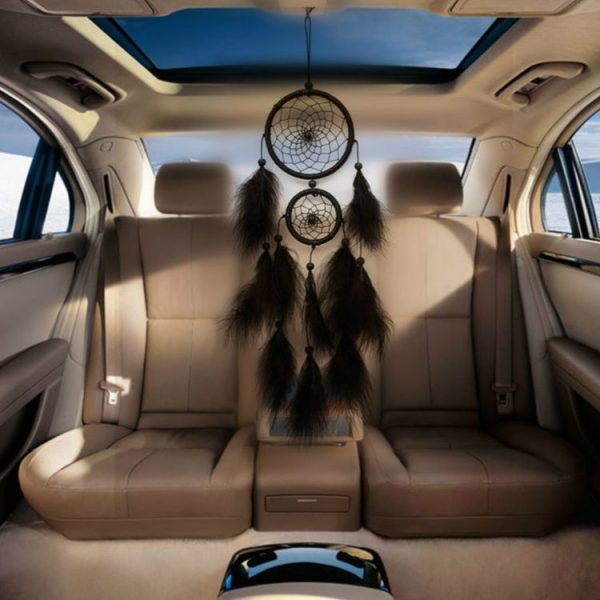 Black Fluffy Double Rings Dream Catcher Car Pendant Home Crafts Wall Decoration - Image 3