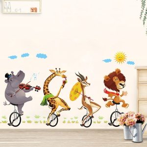 Cartoon Animal Bicyling Wall Sticker Lion Giraffe Sticker Children Room Bedroom Background Wall Ornament Stickers