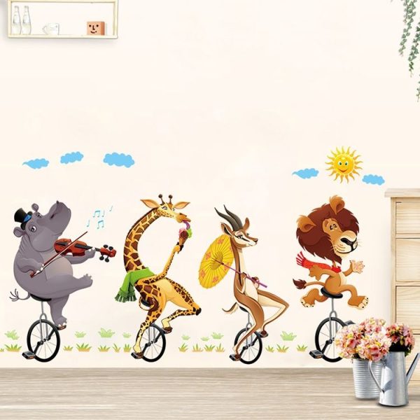 Cartoon Animal Bicyling Wall Sticker Lion Giraffe Sticker Children Room Bedroom Background Wall Ornament Stickers