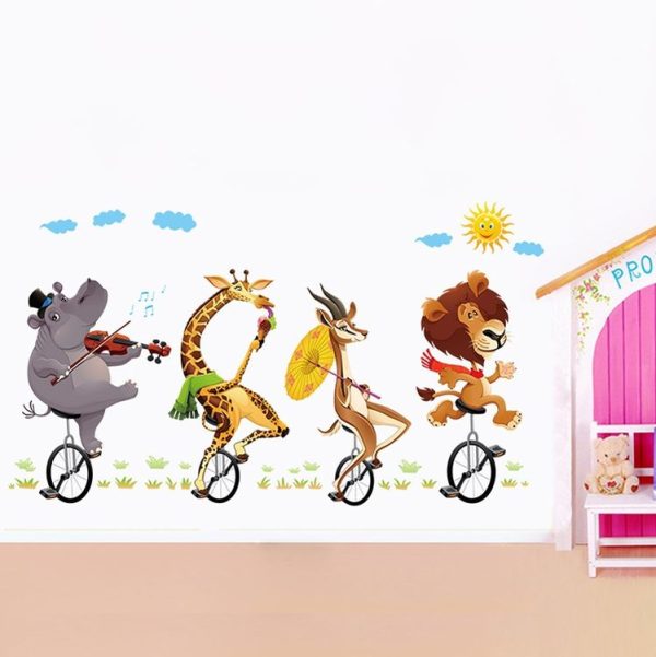 Cartoon Animal Bicyling Wall Sticker Lion Giraffe Sticker Children Room Bedroom Background Wall Ornament Stickers - Image 2