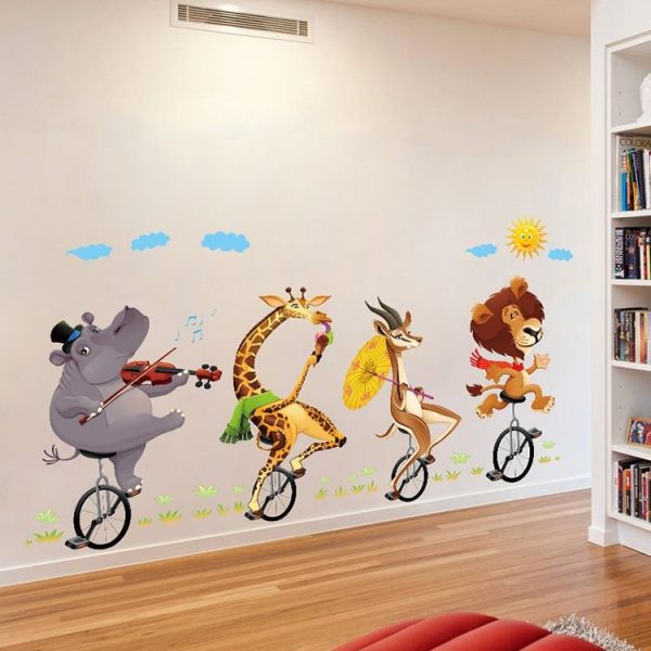 Cartoon Animal Bicyling Wall Sticker Lion Giraffe Sticker Children Room Bedroom Background Wall Ornament Stickers - Image 3
