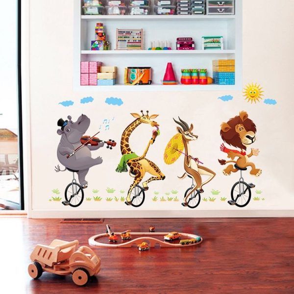 Cartoon Animal Bicyling Wall Sticker Lion Giraffe Sticker Children Room Bedroom Background Wall Ornament Stickers - Image 4