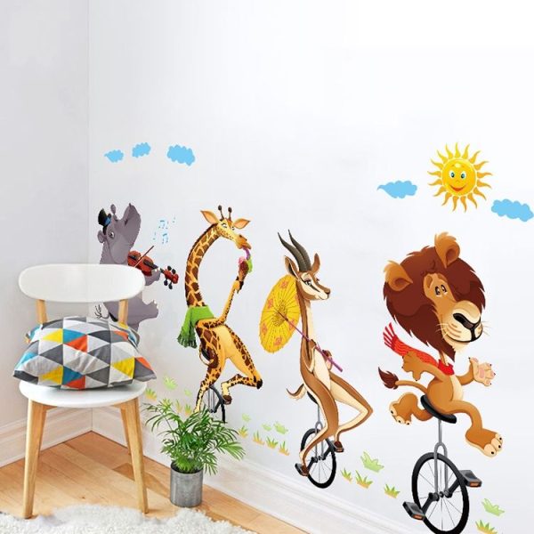 Cartoon Animal Bicyling Wall Sticker Lion Giraffe Sticker Children Room Bedroom Background Wall Ornament Stickers - Image 5
