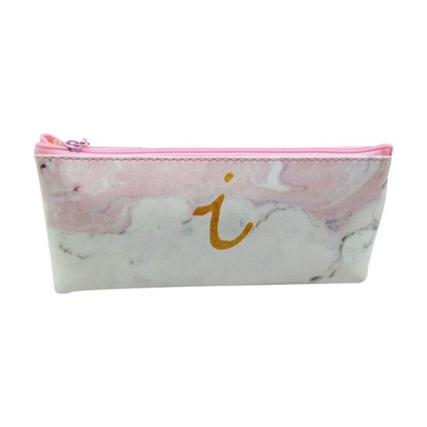 Cute Leather Marble Letter Storage Pouch Pen Box Stationery Office School Supplies (Pink i)