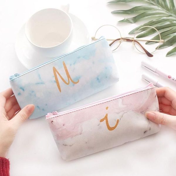 Cute Leather Marble Letter Storage Pouch Pen Box Stationery Office School Supplies (Pink i) - Image 3