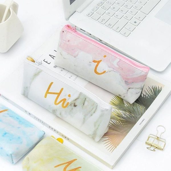 Cute Leather Marble Letter Storage Pouch Pen Box Stationery Office School Supplies (Pink i) - Image 4
