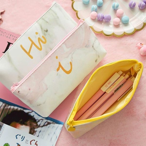 Cute Leather Marble Letter Storage Pouch Pen Box Stationery Office School Supplies (Pink i) - Image 5