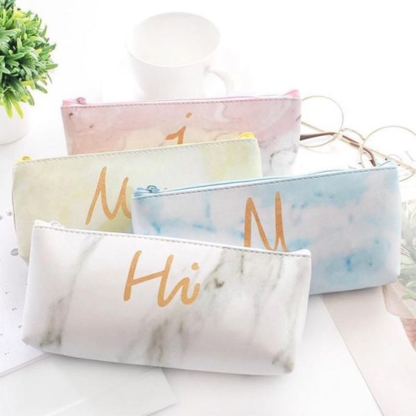 Cute Leather Marble Letter Storage Pouch Pen Box Stationery Office School Supplies (Pink i) - Image 6