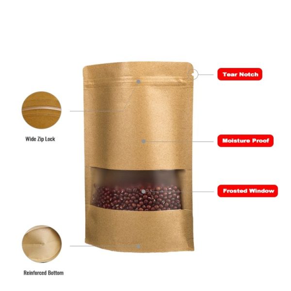 50 PCS Zipper Self Sealing Kraft Paper Bag with Window Stand Up for Gifts / Food / Candy / Tea / Party / Wedding Gifts, Bag Size: 10x15+3cm (Frost) - Image 5