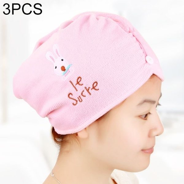 3 PCS Cute Cartoon Rabbit Thick Microfiber Absorbent Dry Hair Cap (Pink)