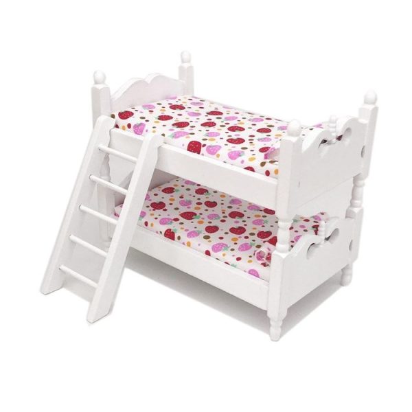 1: 12 Mini House Toy Simulation Children Wooden Bunk Bed (Pink Strawberry)