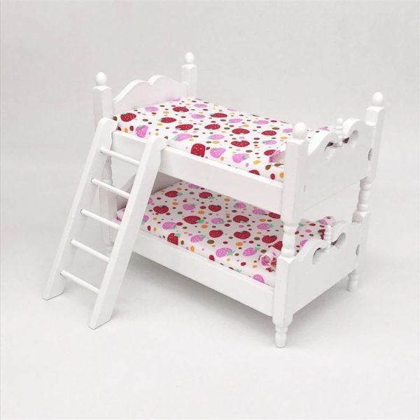 1: 12 Mini House Toy Simulation Children Wooden Bunk Bed (Pink Strawberry) - Image 2