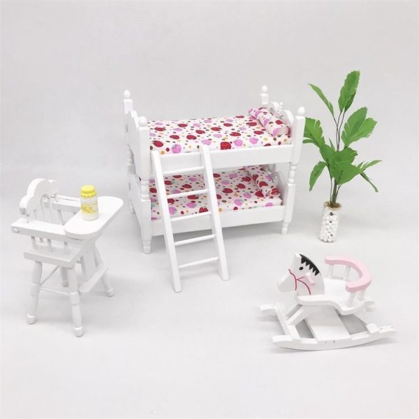 1: 12 Mini House Toy Simulation Children Wooden Bunk Bed (Pink Strawberry) - Image 3