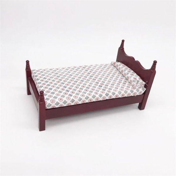 1: 12 Mini House Toy Pocket Furniture Simulation Single Bed (Mahogany) - Image 2