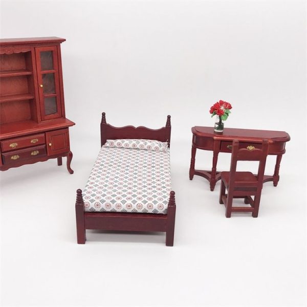 1: 12 Mini House Toy Pocket Furniture Simulation Single Bed (Mahogany) - Image 3
