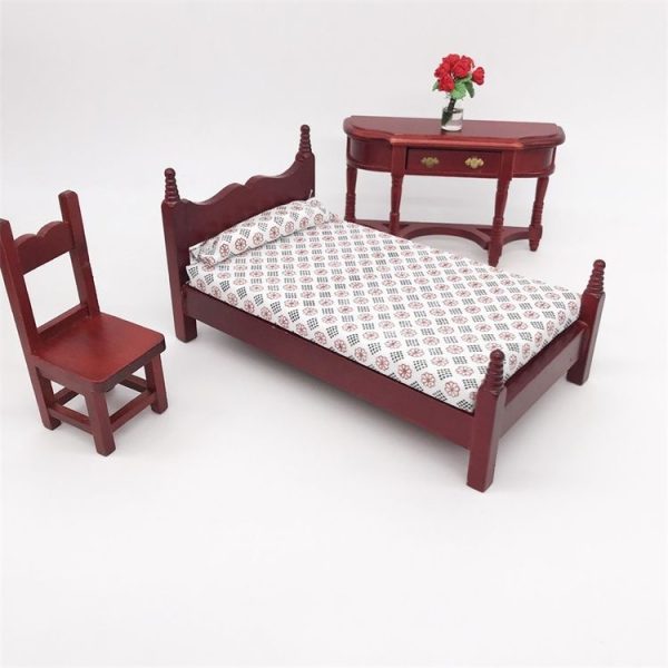 1: 12 Mini House Toy Pocket Furniture Simulation Single Bed (Mahogany) - Image 4