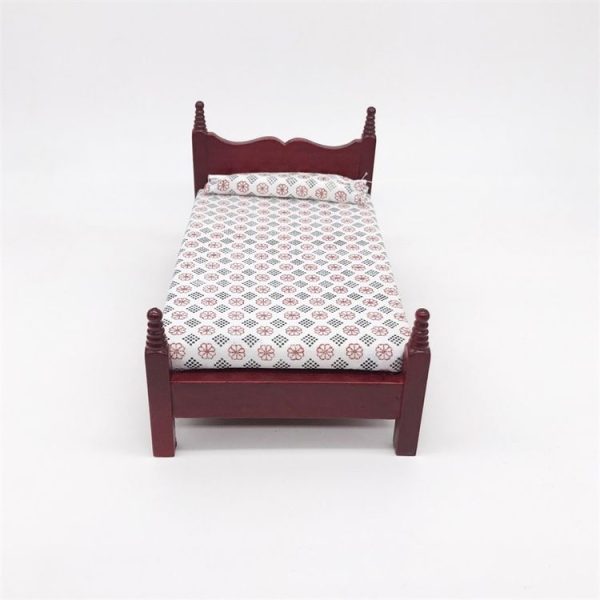 1: 12 Mini House Toy Pocket Furniture Simulation Single Bed (Mahogany) - Image 5