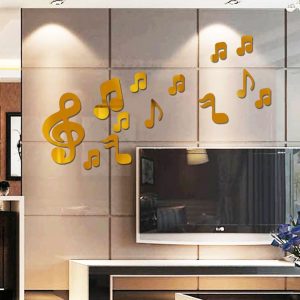 3D Musical Notes Acrylic Mirrors Wall Sticker Home Decor Living Room Wall Decoration Art DIY Wall Stickers (Gold)