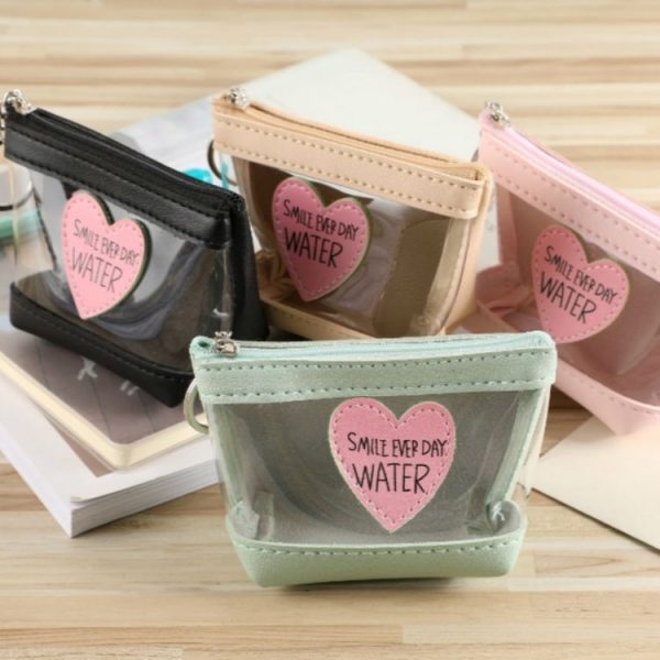 Transparent Candy Color Love Women Zip Coin Purse with Keychain (Black) - Image 3