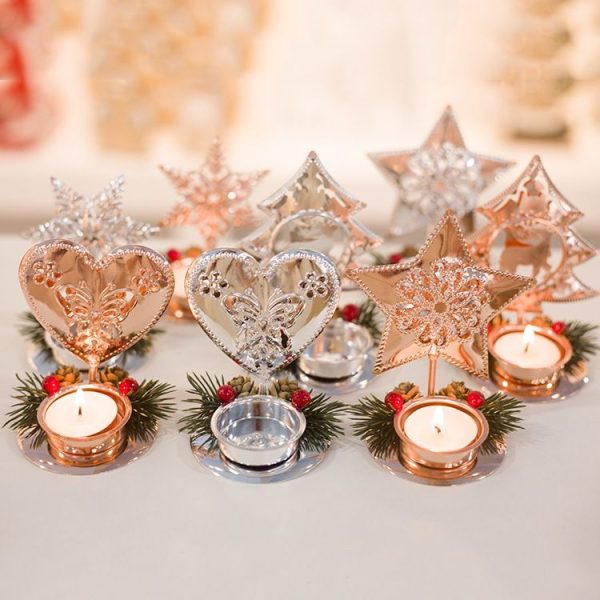 2 PCS Iron Christmas Decoration Candlestick Red Fruit Pine Fruit Mosaic Candlestick Desktop Decoration, Color: Gold (Heart) - Image 4
