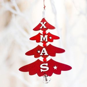 2 PCS Christmas Wooden Painted Decorative Pendant Creative Christmas Tree Letter Bell Pendant Decoration (Red)
