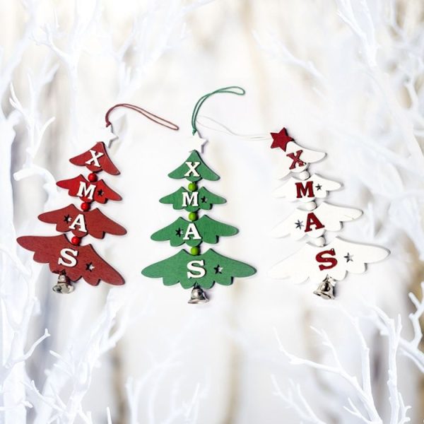 2 PCS Christmas Wooden Painted Decorative Pendant Creative Christmas Tree Letter Bell Pendant Decoration (Red) - Image 4