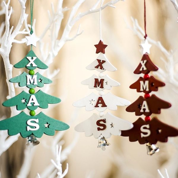 2 PCS Christmas Wooden Painted Decorative Pendant Creative Christmas Tree Letter Bell Pendant Decoration (Red) - Image 5