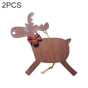 2 PCS Christmas Wooden Elk Bell Bow Crafts, Style: Section A (Brown)