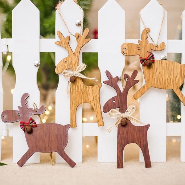 2 PCS Christmas Wooden Elk Bell Bow Crafts, Style: Section B (Brown) - Image 4