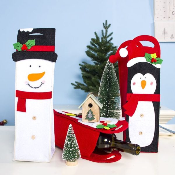 2 PCS Christmas Handmade Felt Feather Penguin Red Wine Champagne Bottle Set (Old Man) - Image 3
