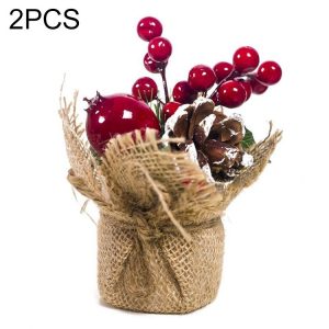 2 PCS Creative Christmas Simulation Pine Conifer Needle Potted Decoration (Pinecone Red Fruit)