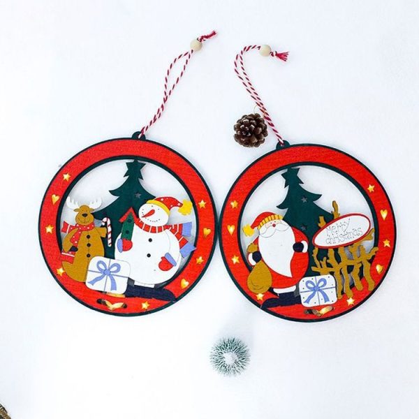 2 PCS Christmas Closet Bedroom Round Wooden Painted with Lights Decorative Pendant (Snowman) - Image 2