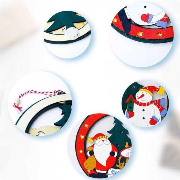 2 PCS Christmas Closet Bedroom Round Wooden Painted with Lights Decorative Pendant (Snowman) - Image 3