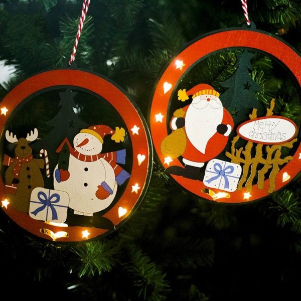 2 PCS Christmas Closet Bedroom Round Wooden Painted with Lights Decorative Pendant (Snowman) - Image 4