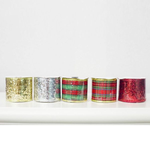 2 Rolls Christmas Sequins Ribbon Bow Ornament (Red and Green Grid) - Image 3