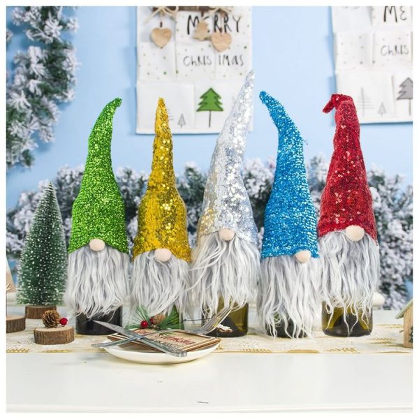 2 PCS Christmas Cloth Sequins Faceless Santa Champagne Red Wine Bottle Set Accessories Scene Decoration (Green) - Image 5
