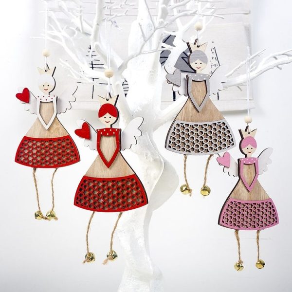 2 PCS Christmas Wood Painted Love Angel Bell Ornament (White) - Image 2