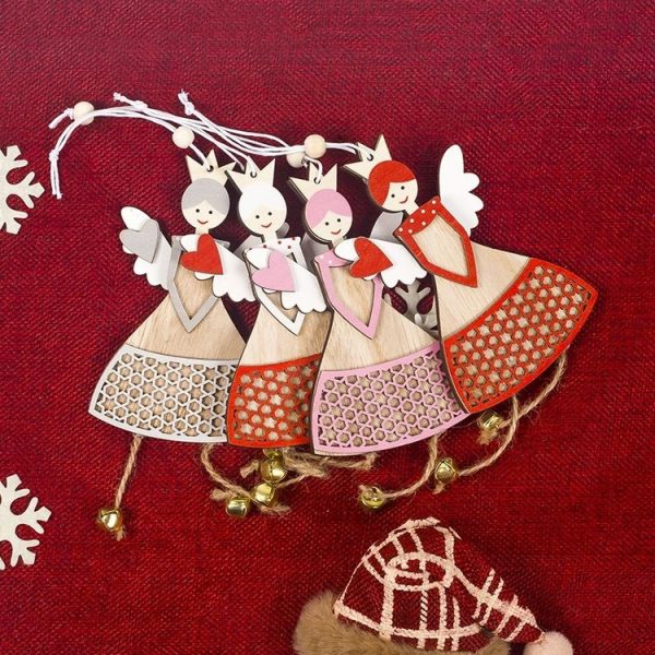 2 PCS Christmas Wood Painted Love Angel Bell Ornament (White) - Image 4