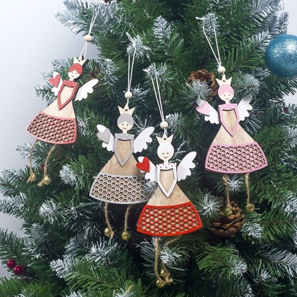 2 PCS Christmas Wood Painted Love Angel Bell Ornament (White) - Image 5