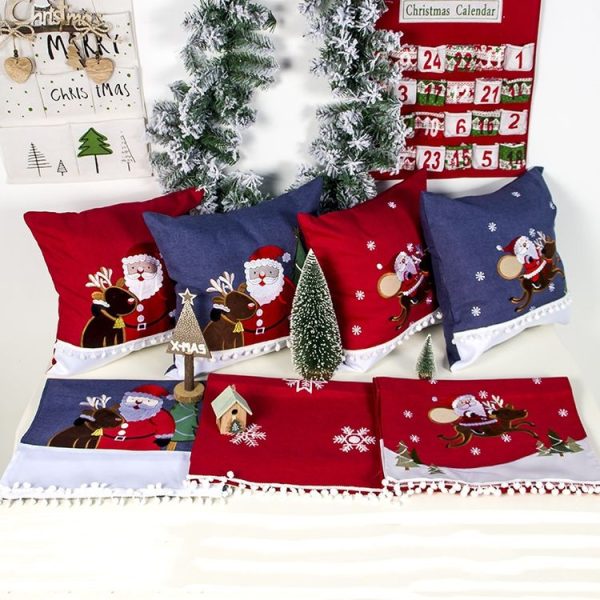 45cm Christmas Flannel Embroidery Santa Claus Pillow Fabric Printing Hug Pillowcase Without Core (Blue Man) - Image 3