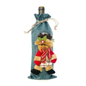 2 PCS Christmas Burlap Wine Champagne Bottle Set Doll Decoration (Blue Elk)