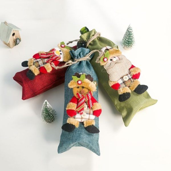 2 PCS Christmas Burlap Wine Champagne Bottle Set Doll Decoration (Blue Elk) - Image 5