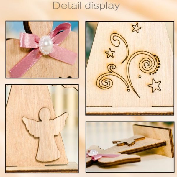 2 PCS Christmas Wooden Stitching Angel Ornaments with Ribbon Bow (Archangel+Little Angel) - Image 3