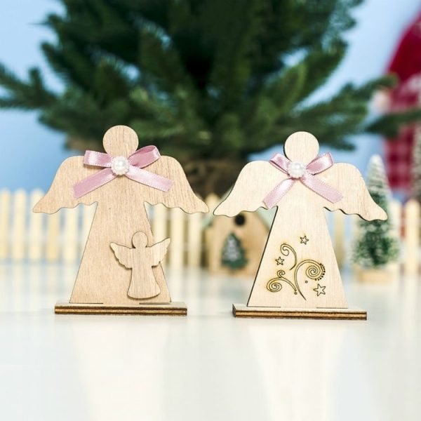 2 PCS Christmas Wooden Stitching Angel Ornaments with Ribbon Bow (Archangel+Little Angel) - Image 4