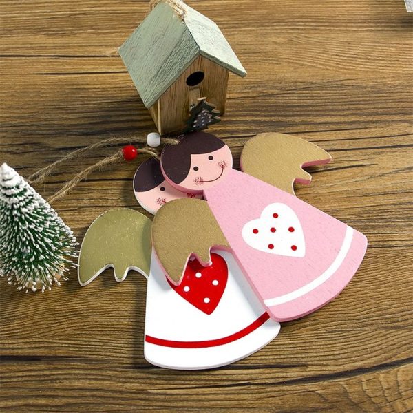 SD321 2 PCS Christmas Decoration Wooden Love Angel Christmas Pendant Creative Painted Christmas Tree Decoration (Pink White Love) - Image 2
